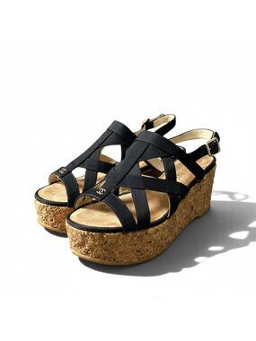 Chanel Cork Wedge Sole Sandals CC Logo Navy